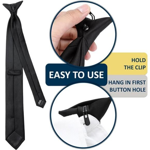Black Clip On Ties for Men Set of 2 Pre Tied Solid Dress Business Tie - Picture 3 of 8